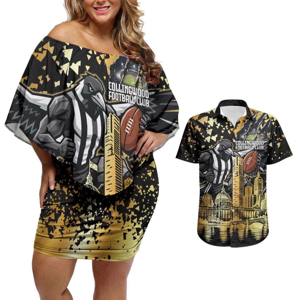 Personalised Collingwood Magpies City Of Football Team Couples Matching Off Shoulder Short Dress and Hawaiian Shirt Melbourne City Skyline Illustration Sport Fan