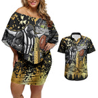 Personalised Collingwood Magpies City Of Football Team Couples Matching Off Shoulder Short Dress and Hawaiian Shirt Melbourne City Skyline Illustration Sport Fan
