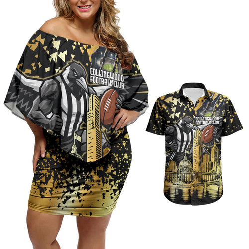 Personalised Collingwood Magpies City Of Football Team Couples Matching Off Shoulder Short Dress and Hawaiian Shirt Melbourne City Skyline Illustration Sport Fan