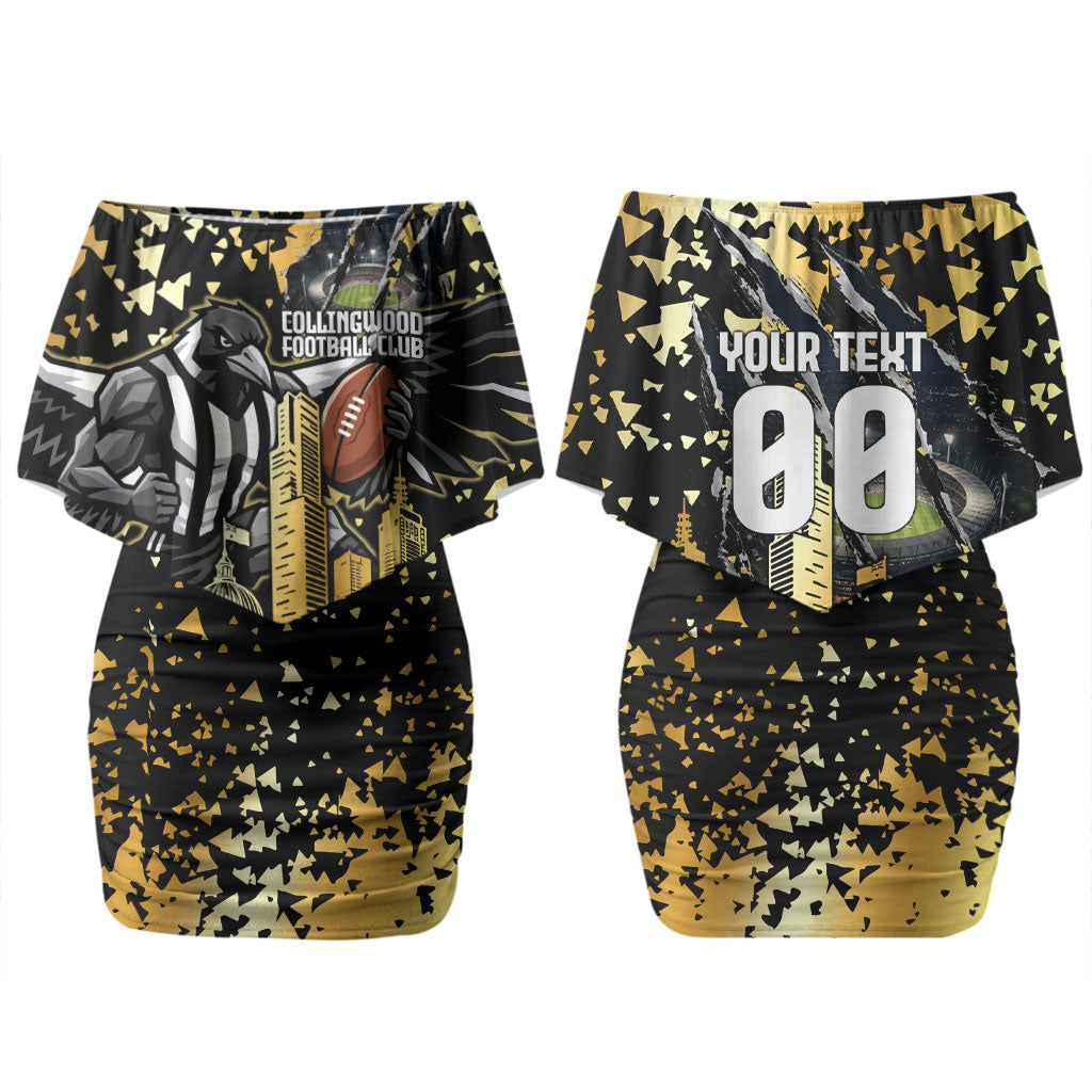 Personalised Collingwood Magpies City Of Football Team Couples Matching Off Shoulder Short Dress and Hawaiian Shirt Melbourne City Skyline Illustration Sport Fan
