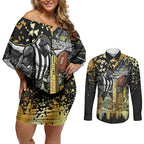 Personalised Collingwood Magpies City Of Football Team Couples Matching Off Shoulder Short Dress and Long Sleeve Button Shirt Melbourne City Skyline Illustration Sport Fan
