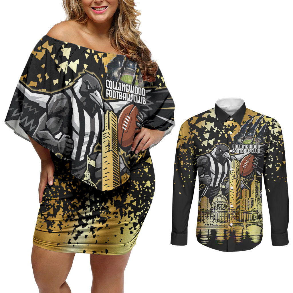 Personalised Collingwood Magpies City Of Football Team Couples Matching Off Shoulder Short Dress and Long Sleeve Button Shirt Melbourne City Skyline Illustration Sport Fan