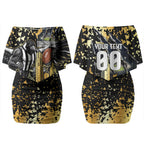 Personalised Collingwood Magpies City Of Football Team Couples Matching Off Shoulder Short Dress and Long Sleeve Button Shirt Melbourne City Skyline Illustration Sport Fan