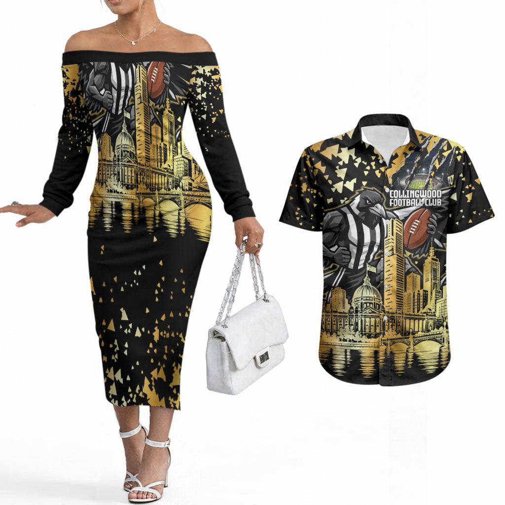 Personalised Collingwood Magpies City Of Football Team Couples Matching Off The Shoulder Long Sleeve Dress and Hawaiian Shirt Melbourne City Skyline Illustration Sport Fan