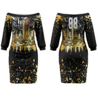Personalised Collingwood Magpies City Of Football Team Couples Matching Off The Shoulder Long Sleeve Dress and Hawaiian Shirt Melbourne City Skyline Illustration Sport Fan