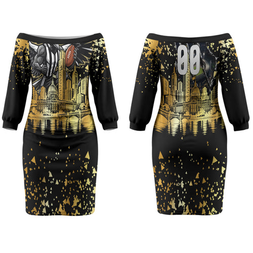 Personalised Collingwood Magpies City Of Football Team Couples Matching Off The Shoulder Long Sleeve Dress and Hawaiian Shirt Melbourne City Skyline Illustration Sport Fan