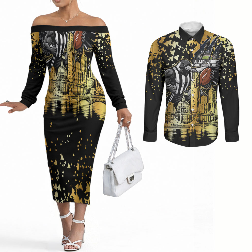 Personalised Collingwood Magpies City Of Football Team Couples Matching Off The Shoulder Long Sleeve Dress and Long Sleeve Button Shirt Melbourne City Skyline Illustration Sport Fan