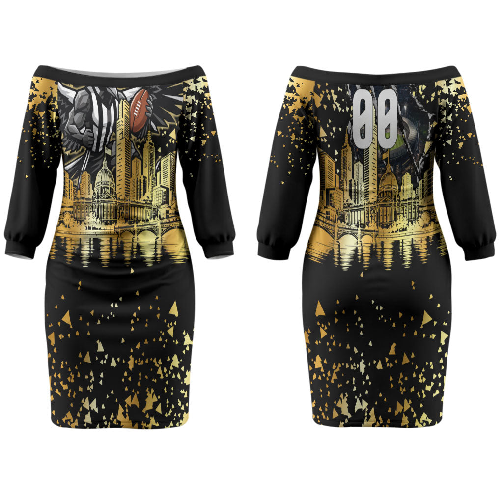 Personalised Collingwood Magpies City Of Football Team Couples Matching Off The Shoulder Long Sleeve Dress and Long Sleeve Button Shirt Melbourne City Skyline Illustration Sport Fan