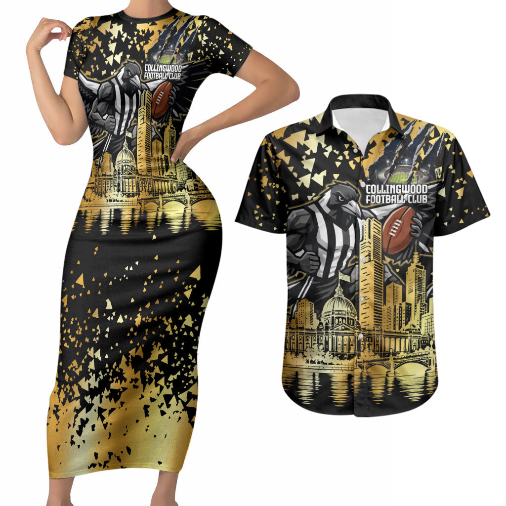 Personalised Collingwood Magpies City Of Football Team Couples Matching Short Sleeve Bodycon Dress and Hawaiian Shirt Melbourne City Skyline Illustration Sport Fan