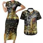 Personalised Collingwood Magpies City Of Football Team Couples Matching Short Sleeve Bodycon Dress and Hawaiian Shirt Melbourne City Skyline Illustration Sport Fan