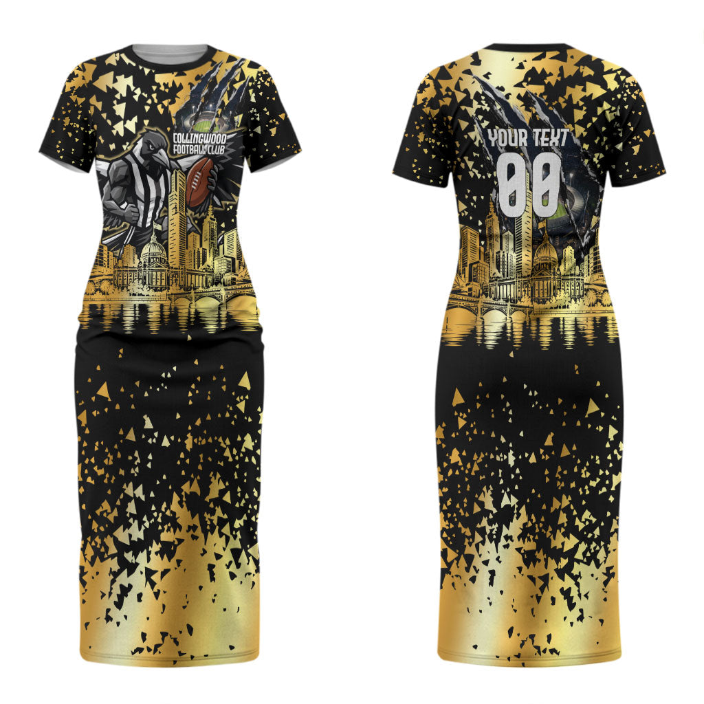 Personalised Collingwood Magpies City Of Football Team Couples Matching Short Sleeve Bodycon Dress and Hawaiian Shirt Melbourne City Skyline Illustration Sport Fan