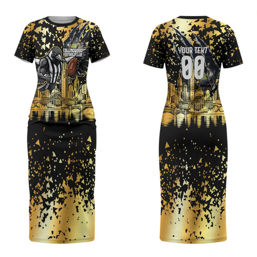 Personalised Collingwood Magpies City Of Football Team Couples Matching Short Sleeve Bodycon Dress and Hawaiian Shirt Melbourne City Skyline Illustration Sport Fan