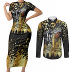 Personalised Collingwood Magpies City Of Football Team Couples Matching Short Sleeve Bodycon Dress and Long Sleeve Button Shirt Melbourne City Skyline Illustration Sport Fan