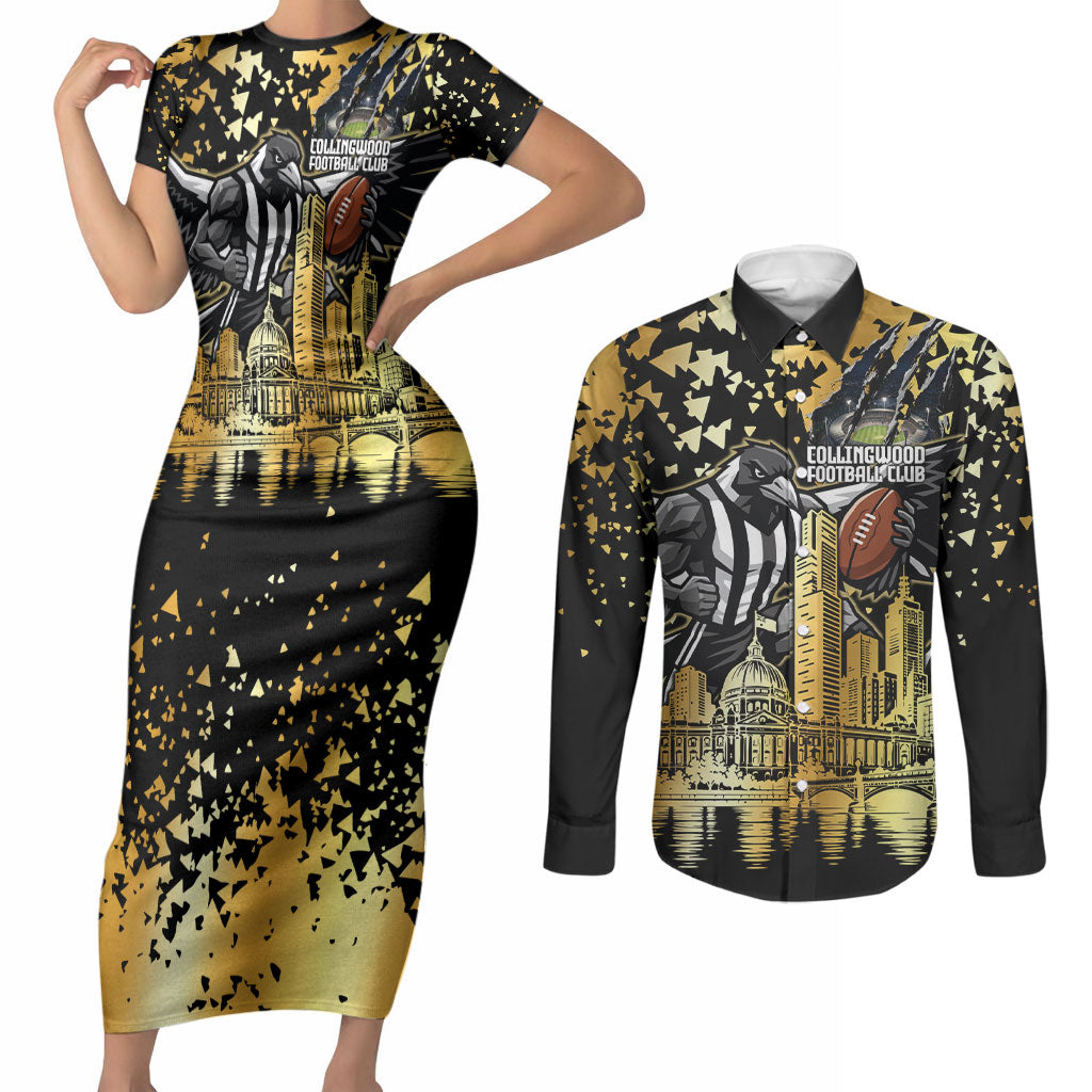 Personalised Collingwood Magpies City Of Football Team Couples Matching Short Sleeve Bodycon Dress and Long Sleeve Button Shirt Melbourne City Skyline Illustration Sport Fan