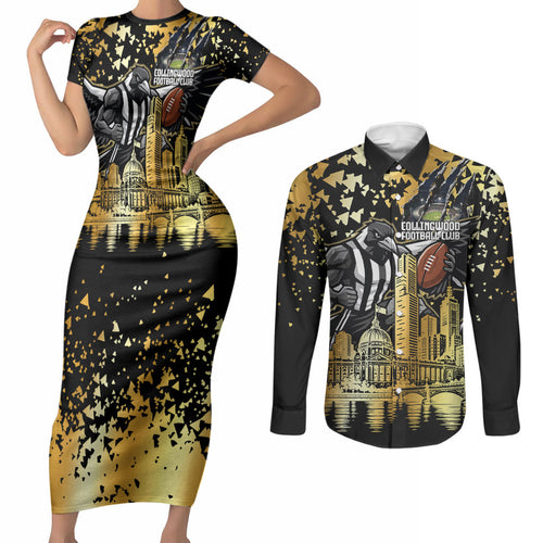 Personalised Collingwood Magpies City Of Football Team Couples Matching Short Sleeve Bodycon Dress and Long Sleeve Button Shirt Melbourne City Skyline Illustration Sport Fan