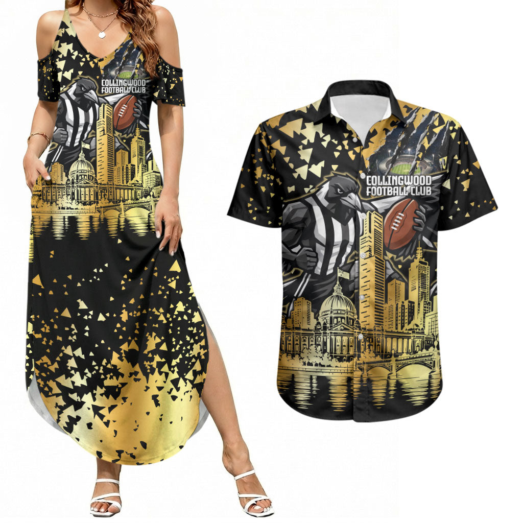 Personalised Collingwood Magpies City Of Football Team Couples Matching Summer Maxi Dress and Hawaiian Shirt Melbourne City Skyline Illustration Sport Fan