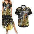 Personalised Collingwood Magpies City Of Football Team Couples Matching Summer Maxi Dress and Hawaiian Shirt Melbourne City Skyline Illustration Sport Fan