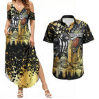 Personalised Collingwood Magpies City Of Football Team Couples Matching Summer Maxi Dress and Hawaiian Shirt Melbourne City Skyline Illustration Sport Fan