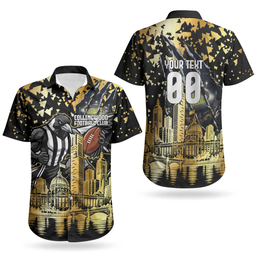 Personalised Collingwood Magpies City Of Football Team Couples Matching Summer Maxi Dress and Hawaiian Shirt Melbourne City Skyline Illustration Sport Fan