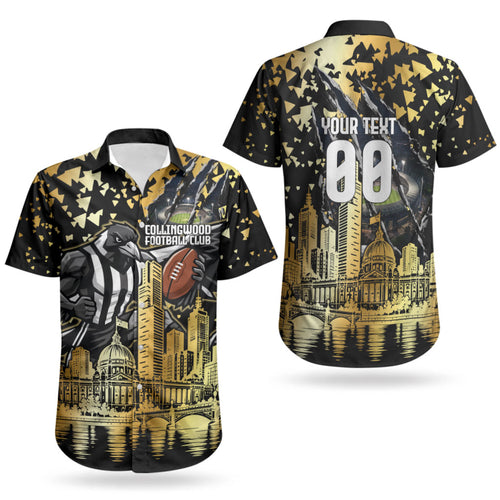Personalised Collingwood Magpies City Of Football Team Couples Matching Summer Maxi Dress and Hawaiian Shirt Melbourne City Skyline Illustration Sport Fan