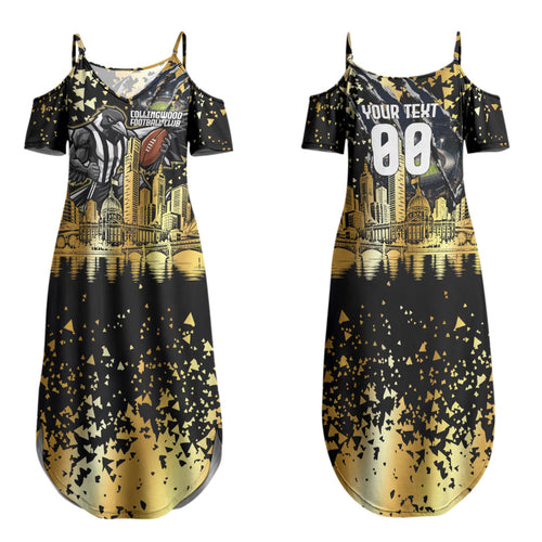 Personalised Collingwood Magpies City Of Football Team Couples Matching Summer Maxi Dress and Hawaiian Shirt Melbourne City Skyline Illustration Sport Fan