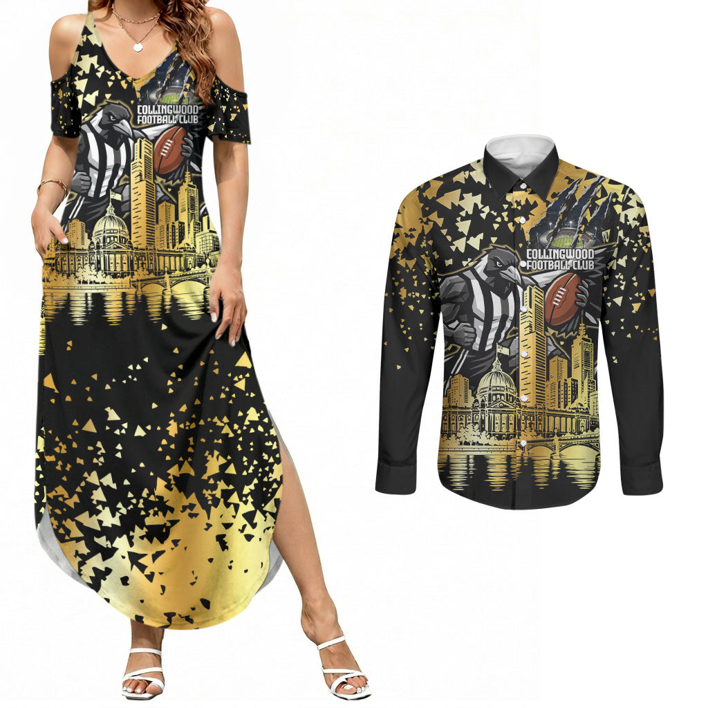 Personalised Collingwood Magpies City Of Football Team Couples Matching Summer Maxi Dress and Long Sleeve Button Shirt Melbourne City Skyline Illustration Sport Fan