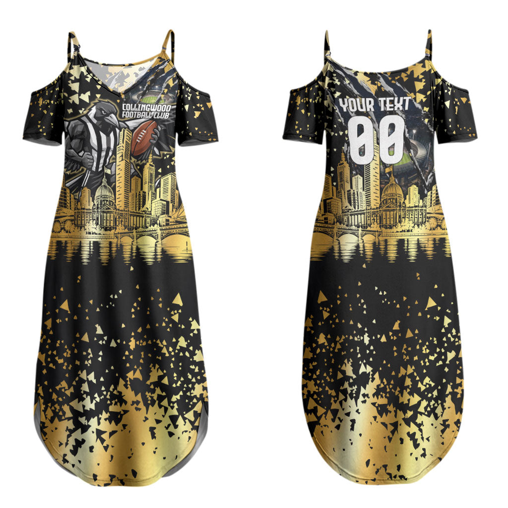 Personalised Collingwood Magpies City Of Football Team Couples Matching Summer Maxi Dress and Long Sleeve Button Shirt Melbourne City Skyline Illustration Sport Fan