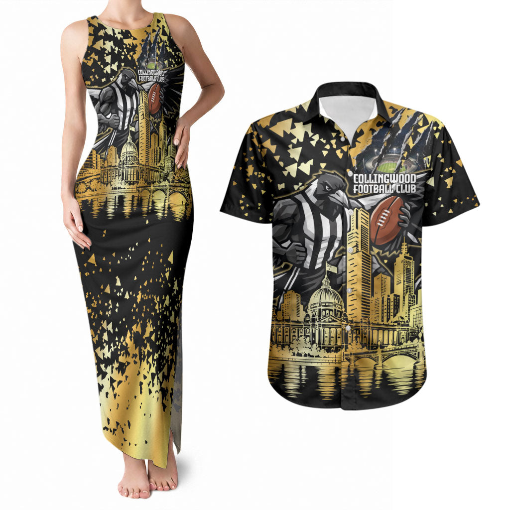 Personalised Collingwood Magpies City Of Football Team Couples Matching Tank Maxi Dress and Hawaiian Shirt Melbourne City Skyline Illustration Sport Fan