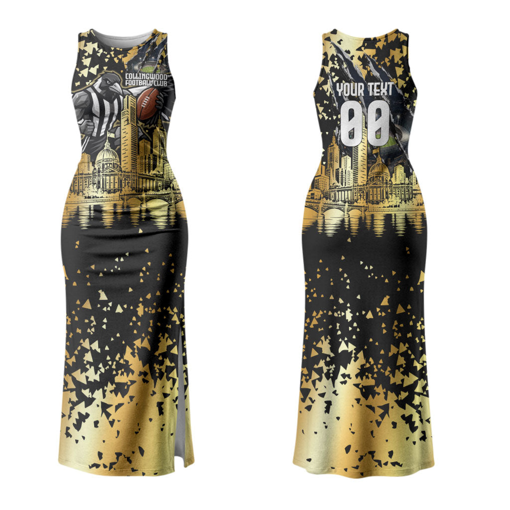 Personalised Collingwood Magpies City Of Football Team Couples Matching Tank Maxi Dress and Hawaiian Shirt Melbourne City Skyline Illustration Sport Fan