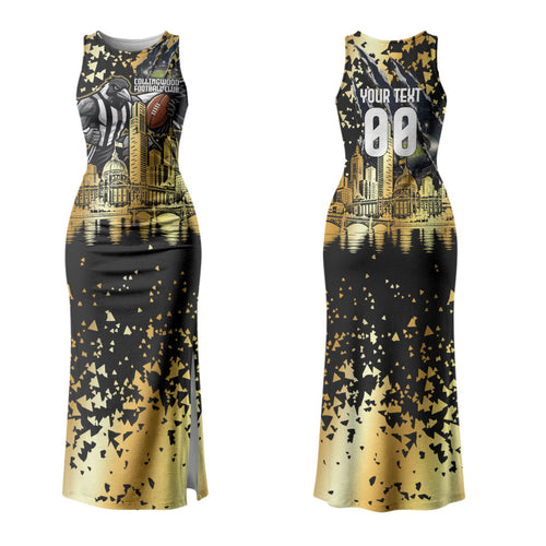 Personalised Collingwood Magpies City Of Football Team Couples Matching Tank Maxi Dress and Hawaiian Shirt Melbourne City Skyline Illustration Sport Fan