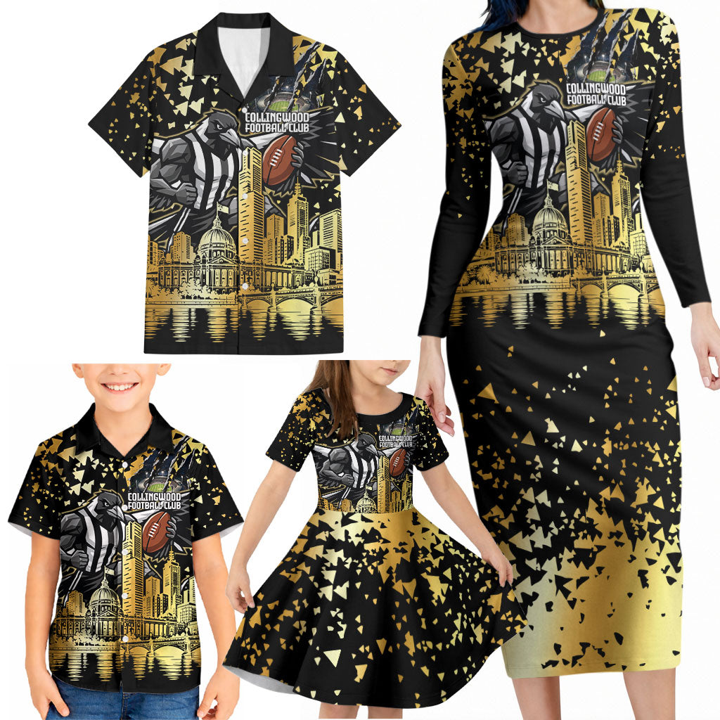 Personalised Collingwood Magpies City Of Football Team Family Matching Long Sleeve Bodycon Dress and Hawaiian Shirt Melbourne City Skyline Illustration Sport Fan