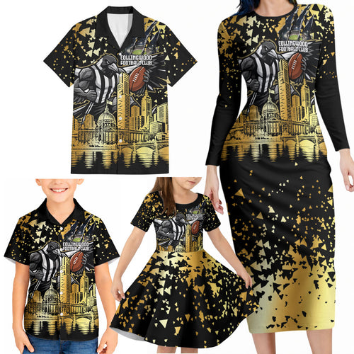 Personalised Collingwood Magpies City Of Football Team Family Matching Long Sleeve Bodycon Dress and Hawaiian Shirt Melbourne City Skyline Illustration Sport Fan