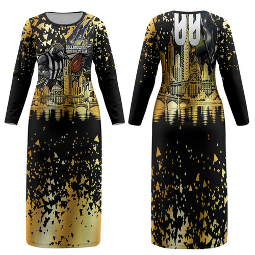 Personalised Collingwood Magpies City Of Football Team Family Matching Long Sleeve Bodycon Dress and Hawaiian Shirt Melbourne City Skyline Illustration Sport Fan