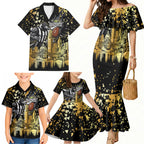 Personalised Collingwood Magpies City Of Football Team Family Matching Mermaid Dress and Hawaiian Shirt Melbourne City Skyline Illustration Sport Fan