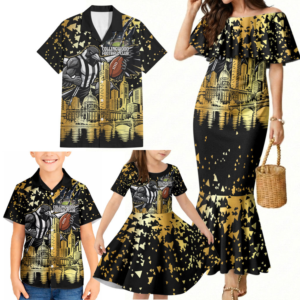 Personalised Collingwood Magpies City Of Football Team Family Matching Mermaid Dress and Hawaiian Shirt Melbourne City Skyline Illustration Sport Fan