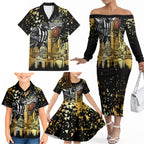 Personalised Collingwood Magpies City Of Football Team Family Matching Off The Shoulder Long Sleeve Dress and Hawaiian Shirt Melbourne City Skyline Illustration Sport Fan