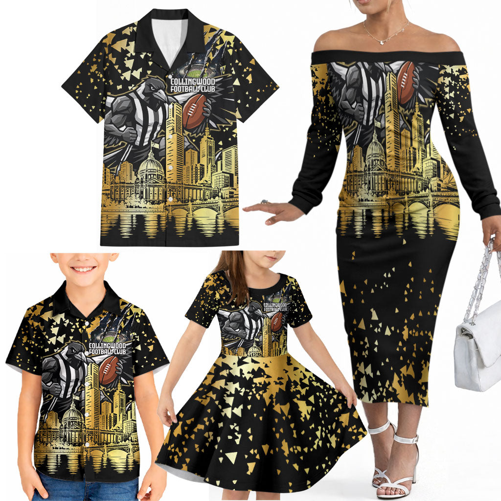Personalised Collingwood Magpies City Of Football Team Family Matching Off The Shoulder Long Sleeve Dress and Hawaiian Shirt Melbourne City Skyline Illustration Sport Fan