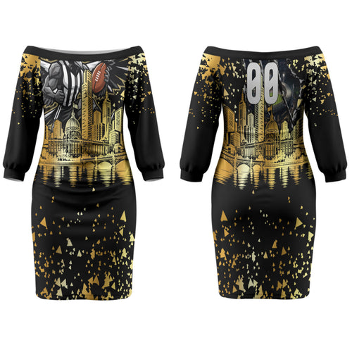 Personalised Collingwood Magpies City Of Football Team Family Matching Off The Shoulder Long Sleeve Dress and Hawaiian Shirt Melbourne City Skyline Illustration Sport Fan