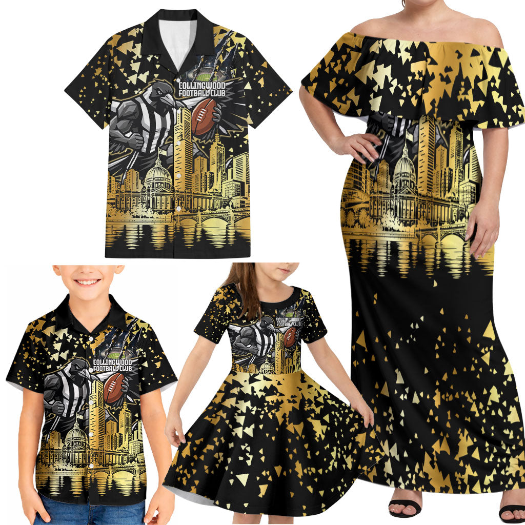 Personalised Collingwood Magpies City Of Football Team Family Matching Off Shoulder Maxi Dress and Hawaiian Shirt Melbourne City Skyline Illustration Sport Fan
