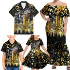 Personalised Collingwood Magpies City Of Football Team Family Matching Off Shoulder Maxi Dress and Hawaiian Shirt Melbourne City Skyline Illustration Sport Fan