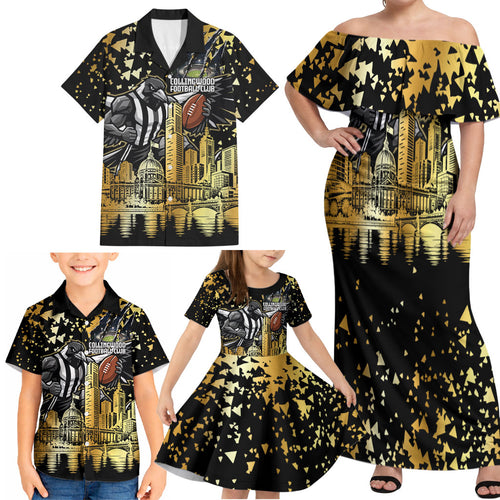 Personalised Collingwood Magpies City Of Football Team Family Matching Off Shoulder Maxi Dress and Hawaiian Shirt Melbourne City Skyline Illustration Sport Fan
