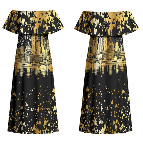 Personalised Collingwood Magpies City Of Football Team Family Matching Off Shoulder Maxi Dress and Hawaiian Shirt Melbourne City Skyline Illustration Sport Fan