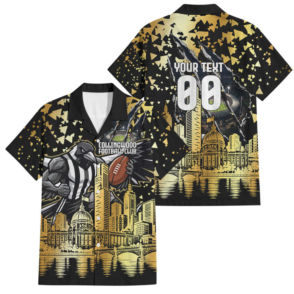 Personalised Collingwood Magpies City Of Football Team Family Matching Off Shoulder Maxi Dress and Hawaiian Shirt Melbourne City Skyline Illustration Sport Fan