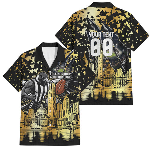 Personalised Collingwood Magpies City Of Football Team Family Matching Off Shoulder Maxi Dress and Hawaiian Shirt Melbourne City Skyline Illustration Sport Fan