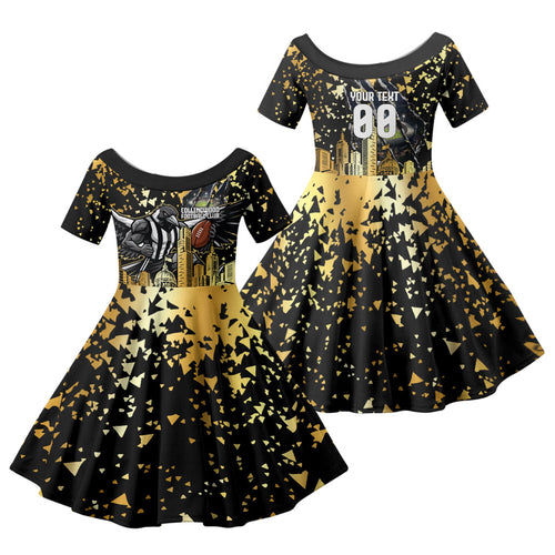 Personalised Collingwood Magpies City Of Football Team Family Matching Off Shoulder Maxi Dress and Hawaiian Shirt Melbourne City Skyline Illustration Sport Fan