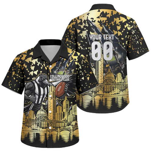 Personalised Collingwood Magpies City Of Football Team Family Matching Off Shoulder Maxi Dress and Hawaiian Shirt Melbourne City Skyline Illustration Sport Fan