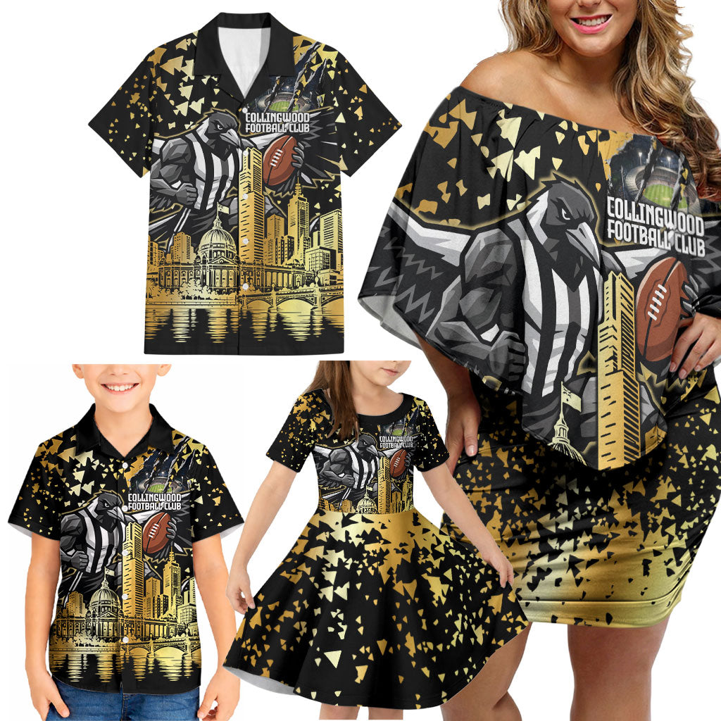 Personalised Collingwood Magpies City Of Football Team Family Matching Off Shoulder Short Dress and Hawaiian Shirt Melbourne City Skyline Illustration Sport Fan