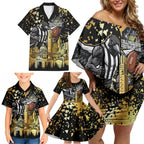 Personalised Collingwood Magpies City Of Football Team Family Matching Off Shoulder Short Dress and Hawaiian Shirt Melbourne City Skyline Illustration Sport Fan