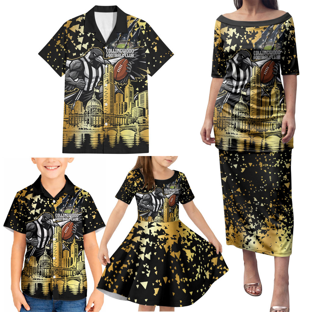 Personalised Collingwood Magpies City Of Football Team Family Matching Puletasi and Hawaiian Shirt Melbourne City Skyline Illustration Sport Fan