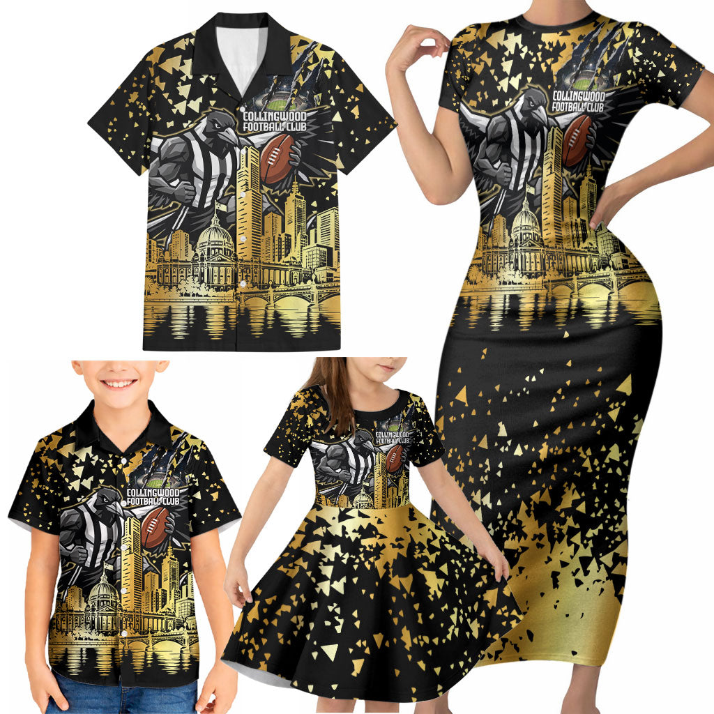 Personalised Collingwood Magpies City Of Football Team Family Matching Short Sleeve Bodycon Dress and Hawaiian Shirt Melbourne City Skyline Illustration Sport Fan
